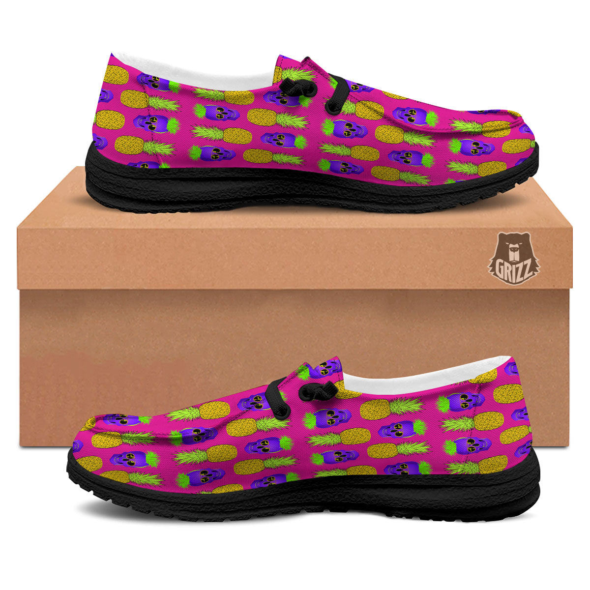 Skull Pineapple Print Pattern Black Loafers-grizzshop