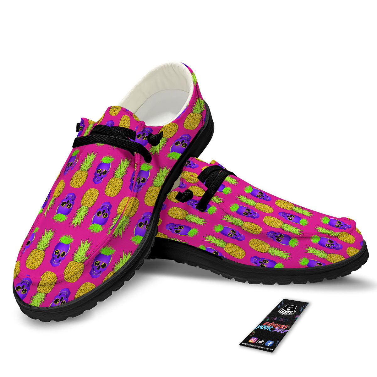 Skull Pineapple Print Pattern Black Loafers-grizzshop
