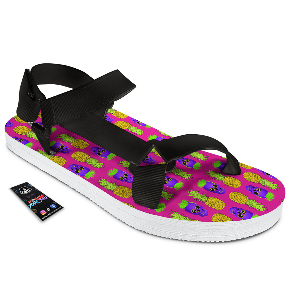 Skull Pineapple Print Pattern Black Open Toe Sandals-grizzshop