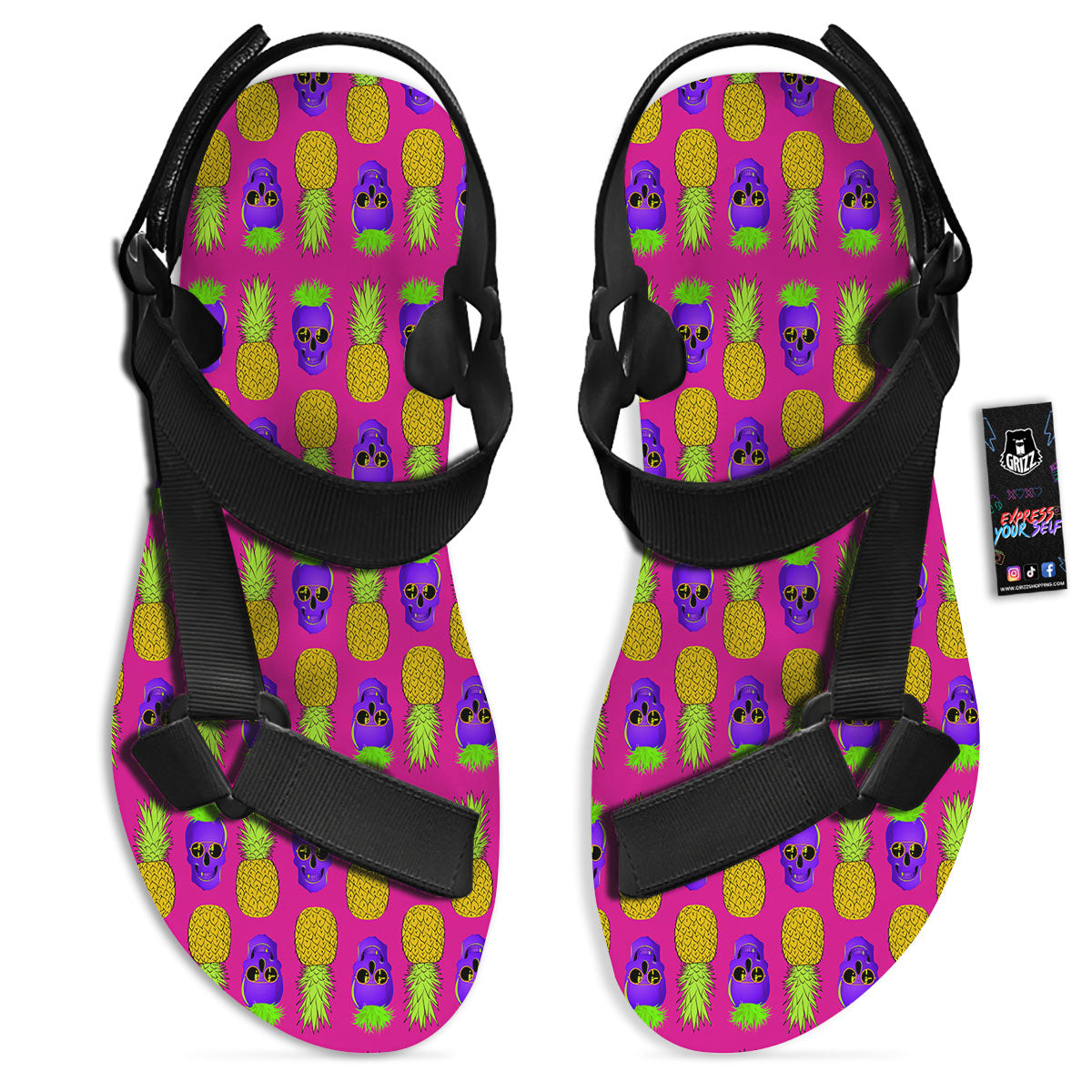 Skull Pineapple Print Pattern Black Open Toe Sandals-grizzshop