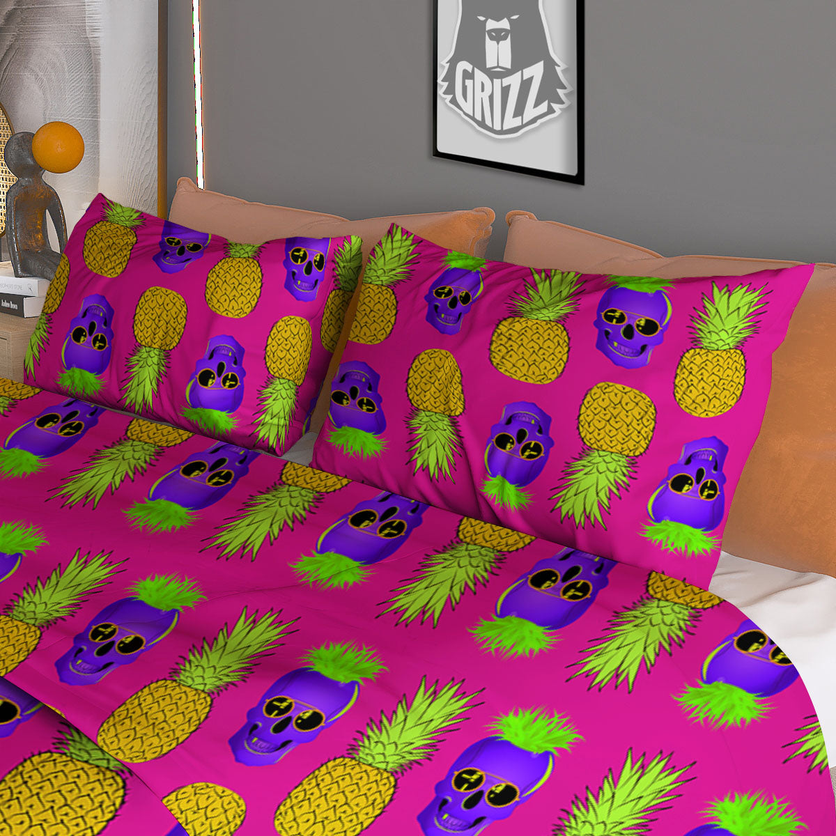 Skull Pineapple Print Pattern Duvet Cover Bedding Set-grizzshop