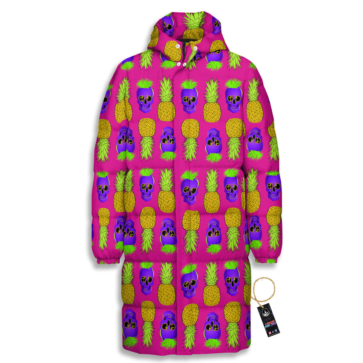 Skull Pineapple Print Pattern Long Down Jacket-grizzshop
