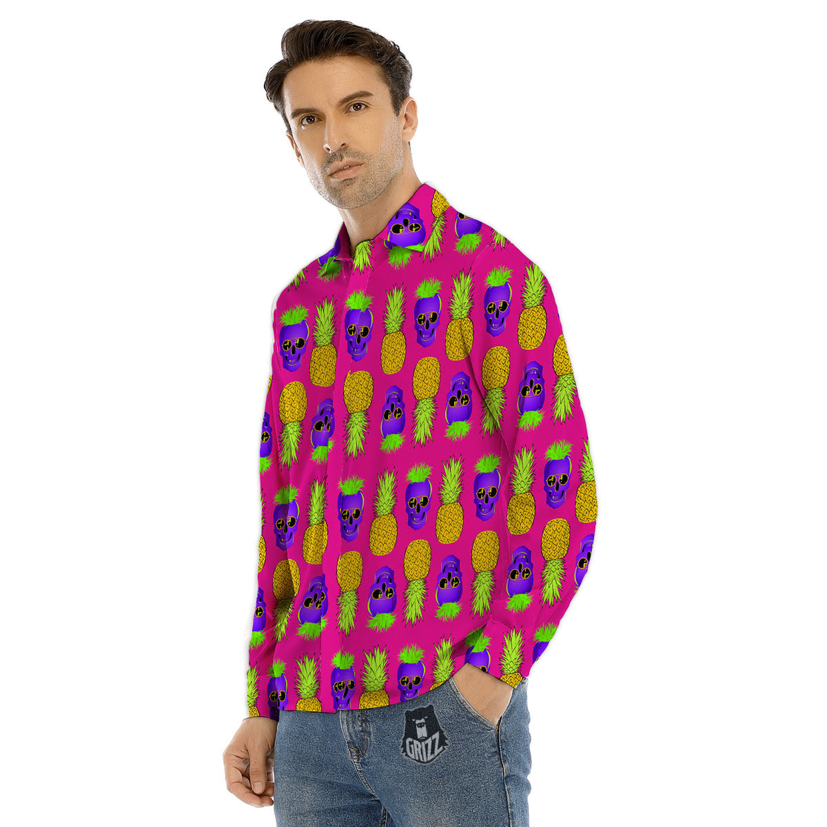 Skull Pineapple Print Pattern Men's Dress Shirts-grizzshop