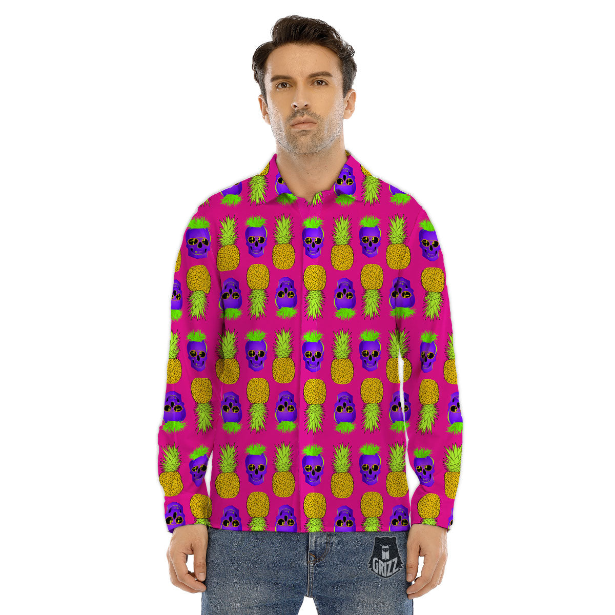 Skull Pineapple Print Pattern Men's Dress Shirts-grizzshop
