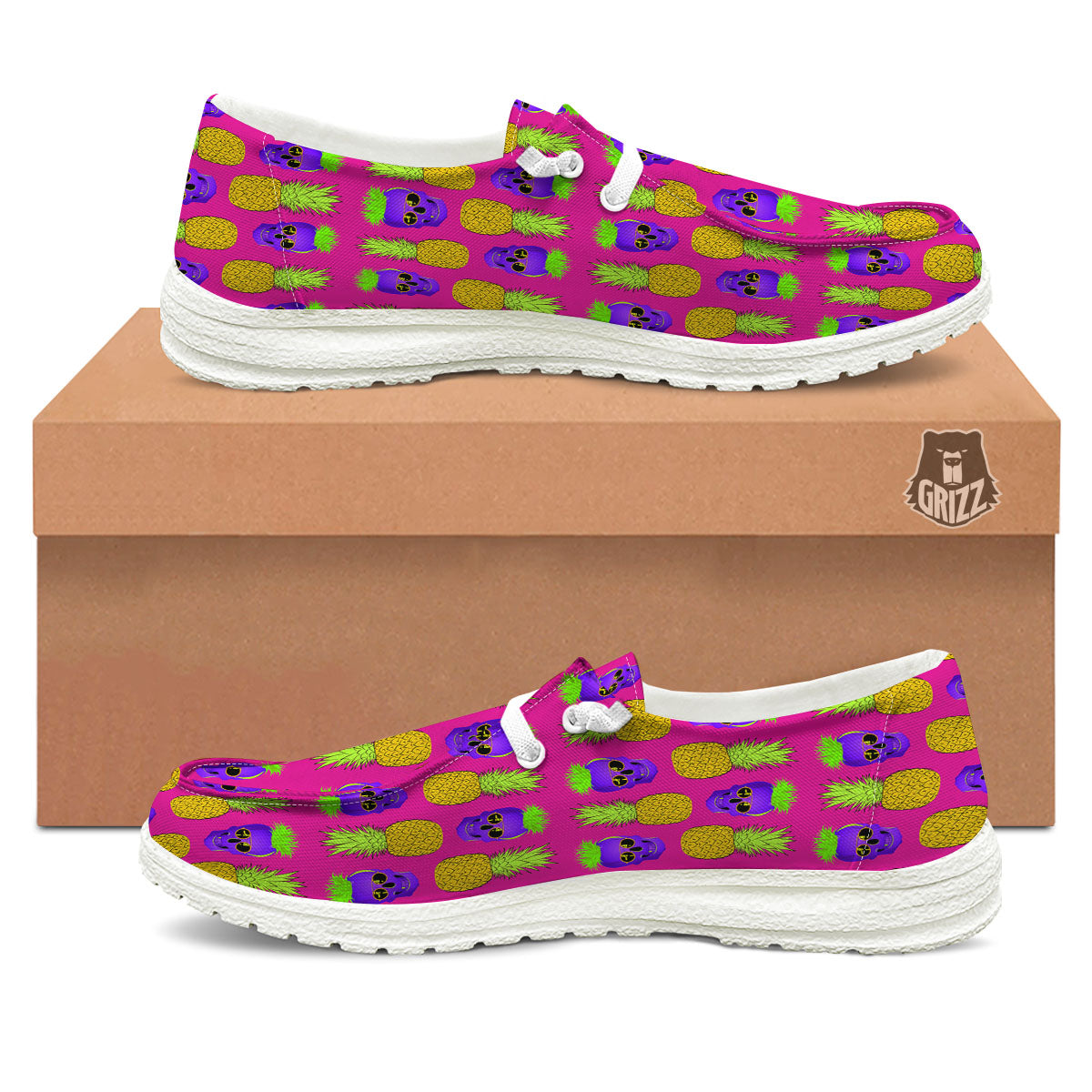 Skull Pineapple Print Pattern White Loafers-grizzshop