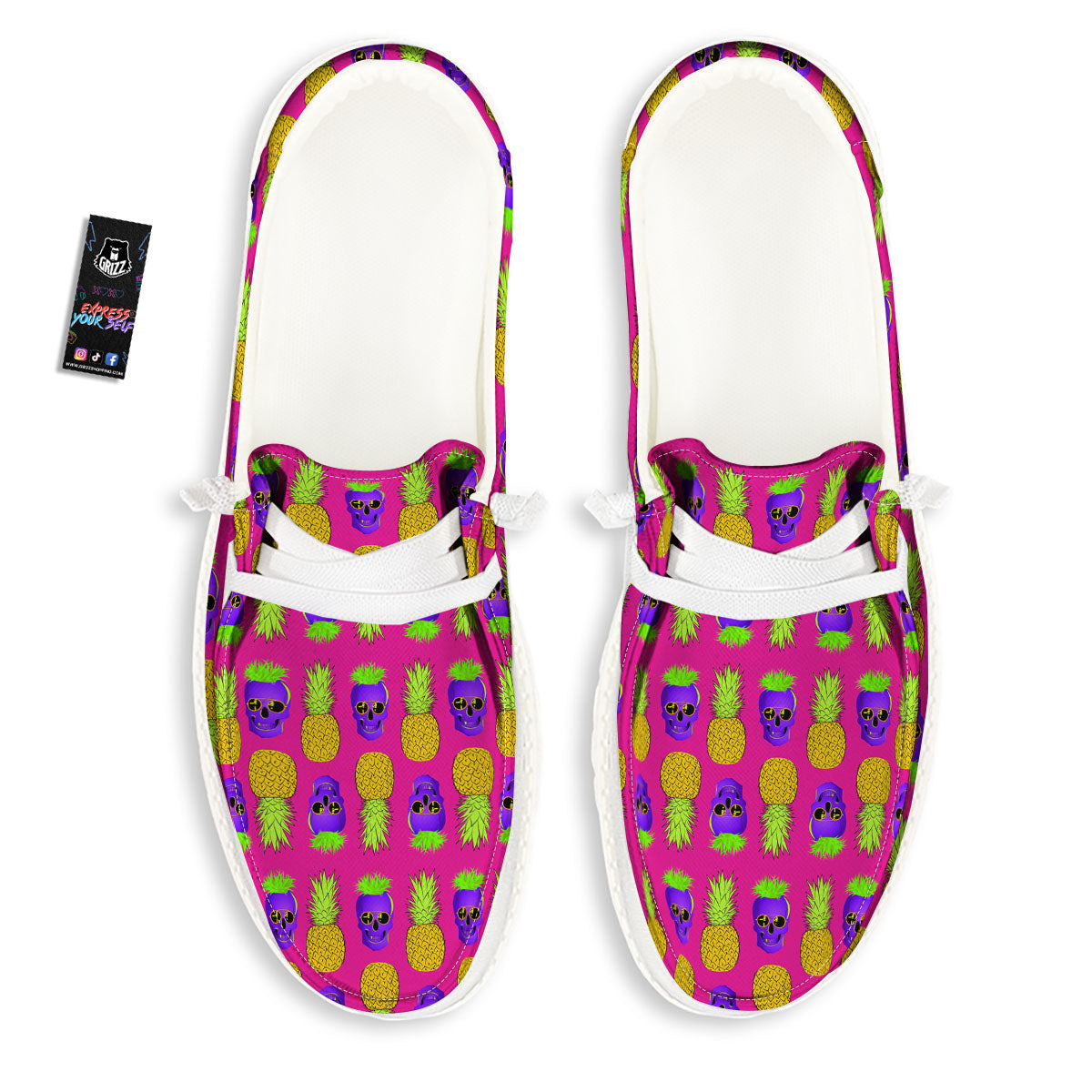 Skull Pineapple Print Pattern White Loafers-grizzshop
