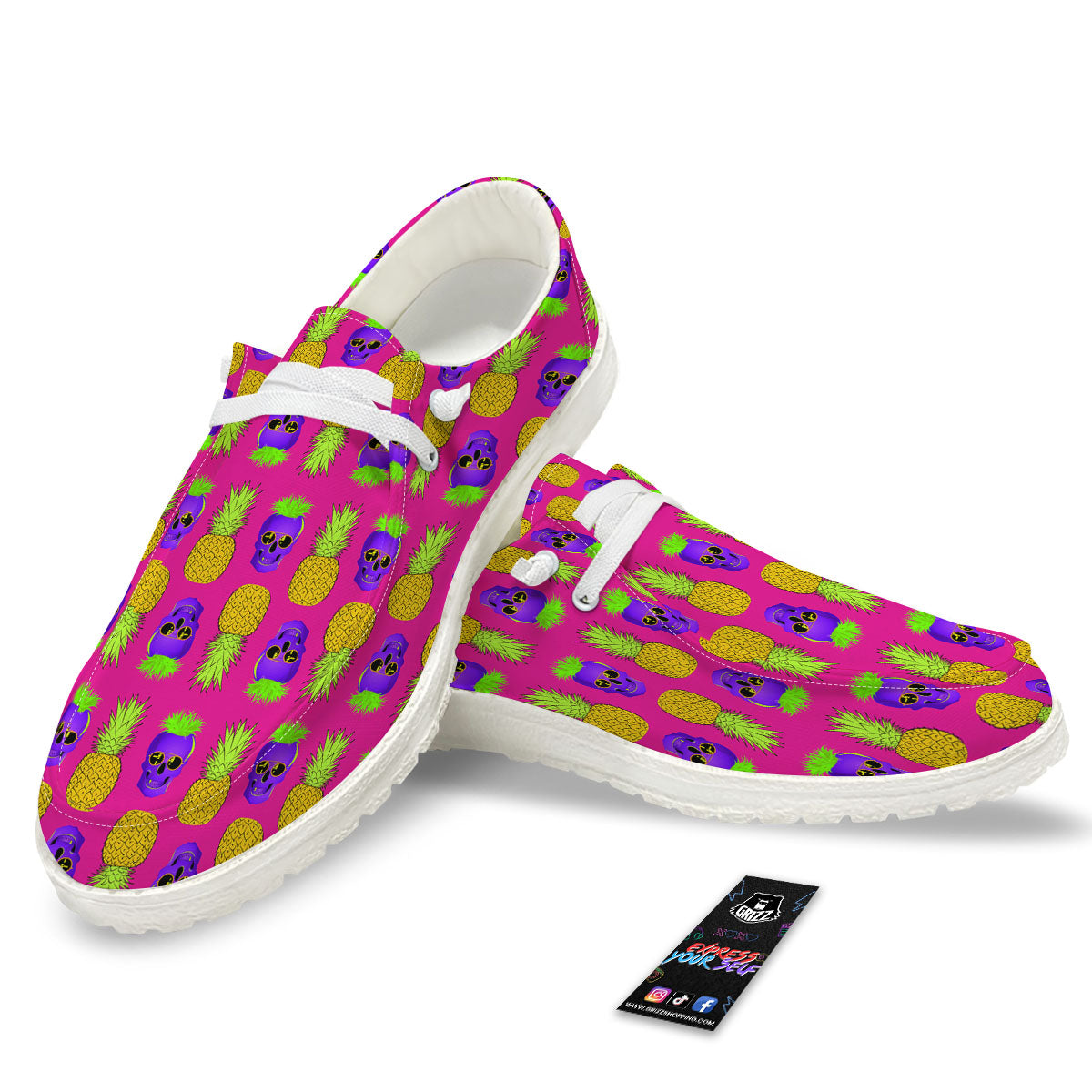 Skull Pineapple Print Pattern White Loafers-grizzshop