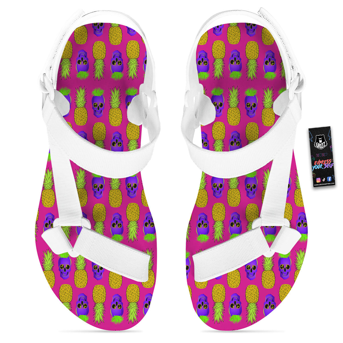 Skull Pineapple Print Pattern White Open Toe Sandals-grizzshop