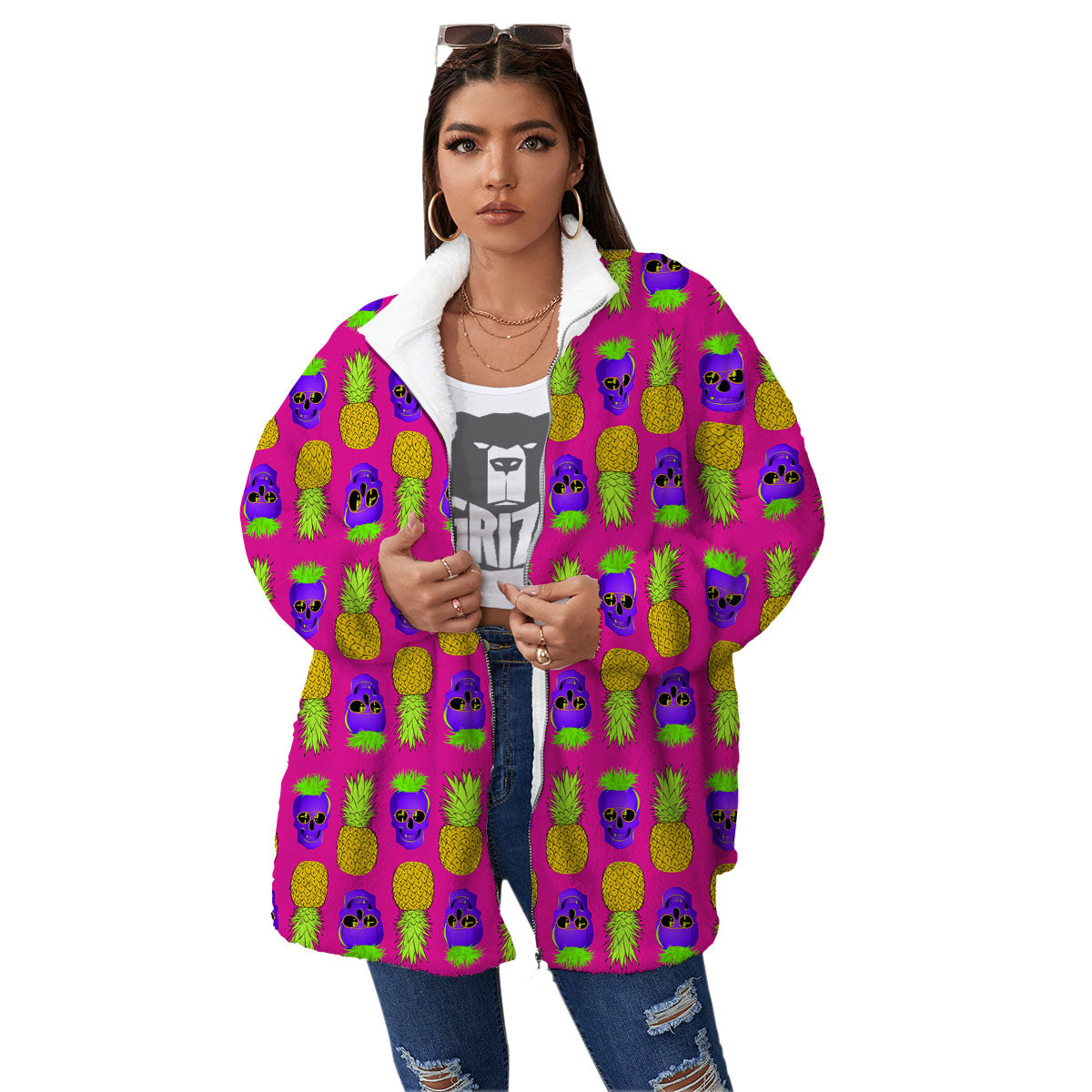 Skull Pineapple Print Pattern Women's Sherpa Jacket-grizzshop