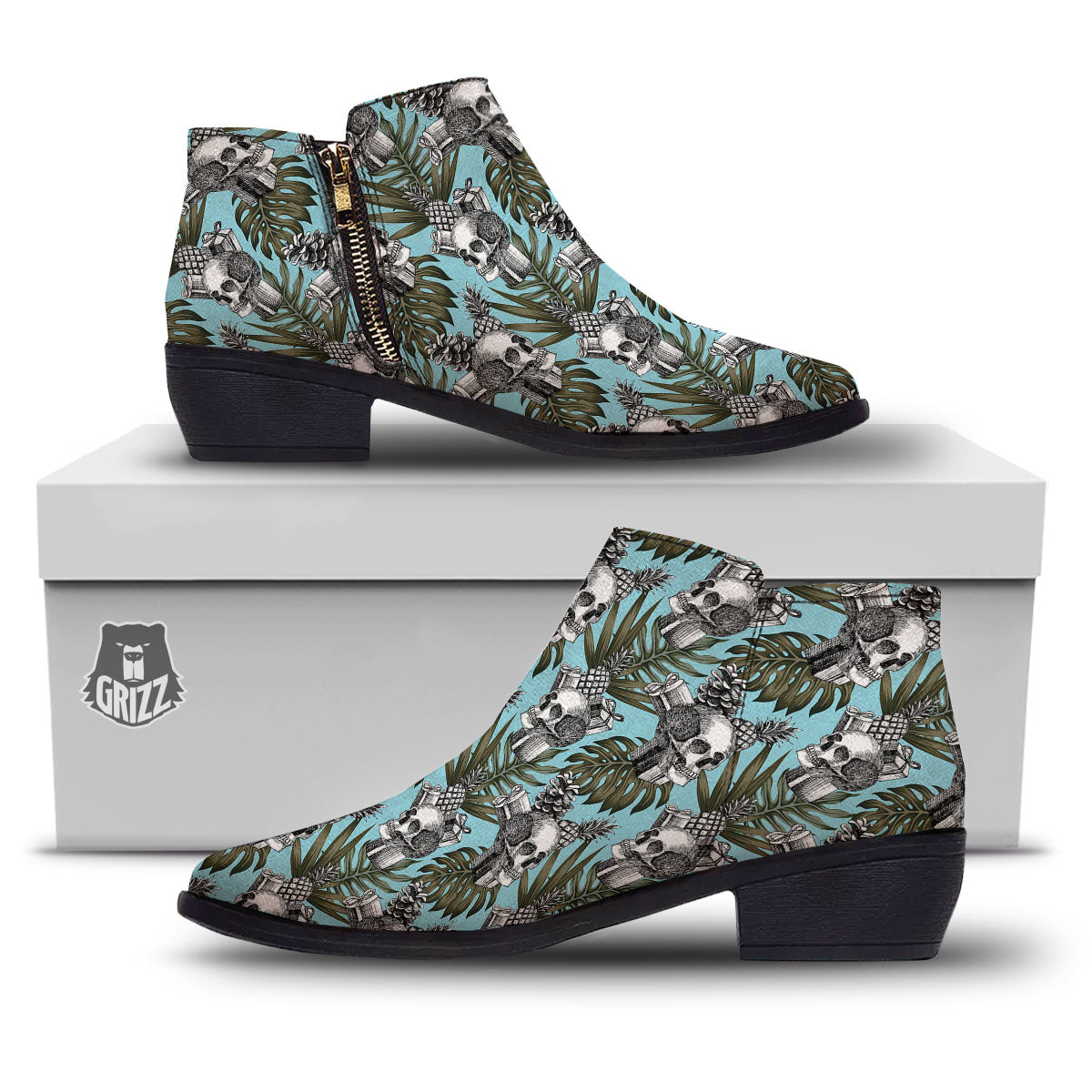 Skull Pineapple Tropical Print Pattern Ankle Boots-grizzshop