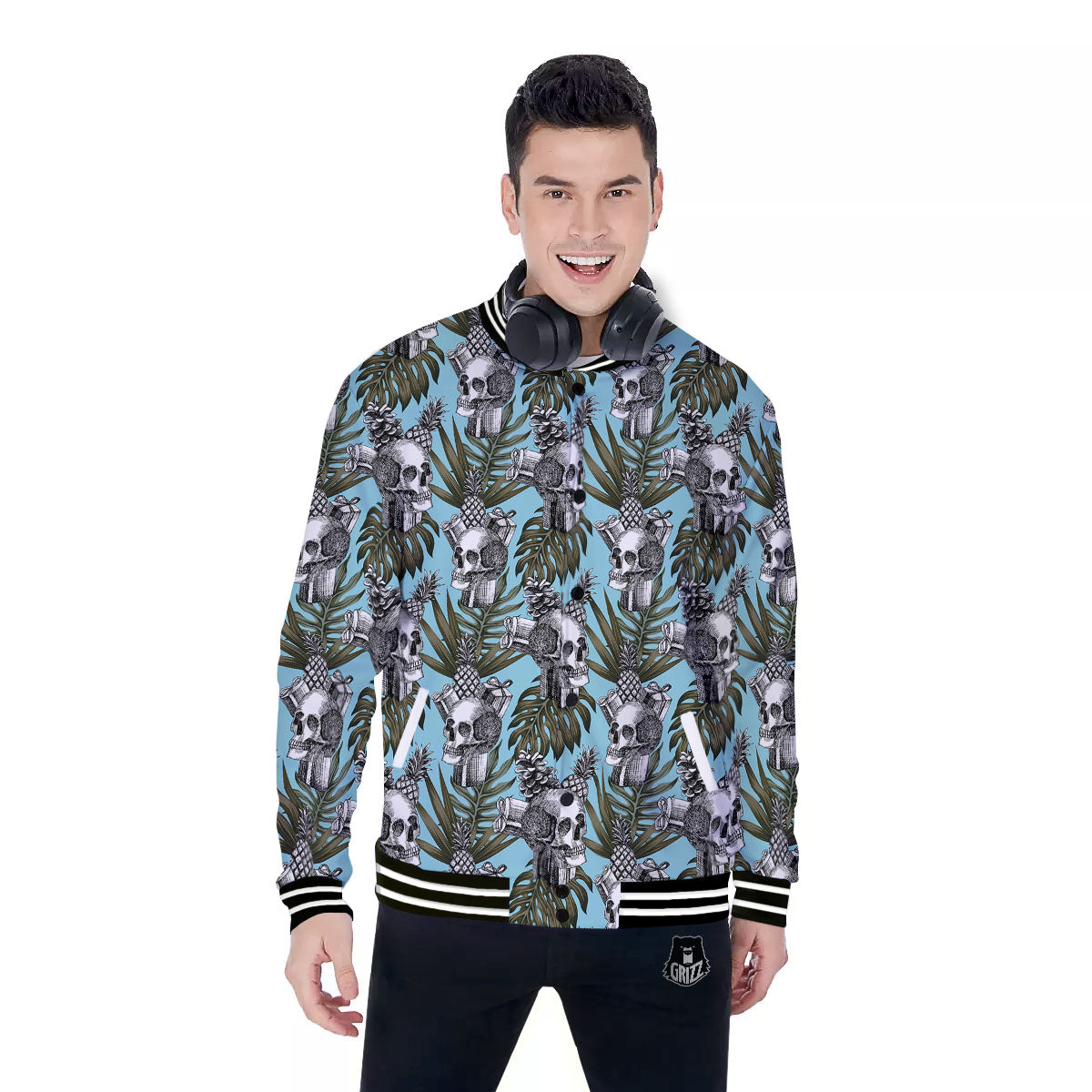 Skull Pineapple Tropical Print Pattern Baseball Jacket-grizzshop