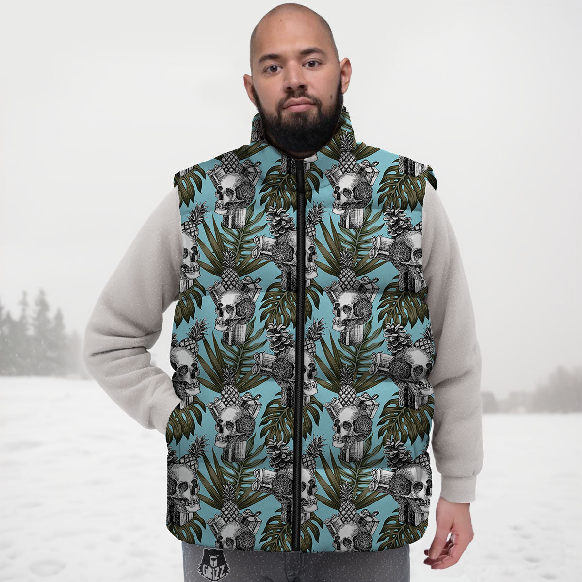 Skull Pineapple Tropical Print Pattern Down Vest-grizzshop