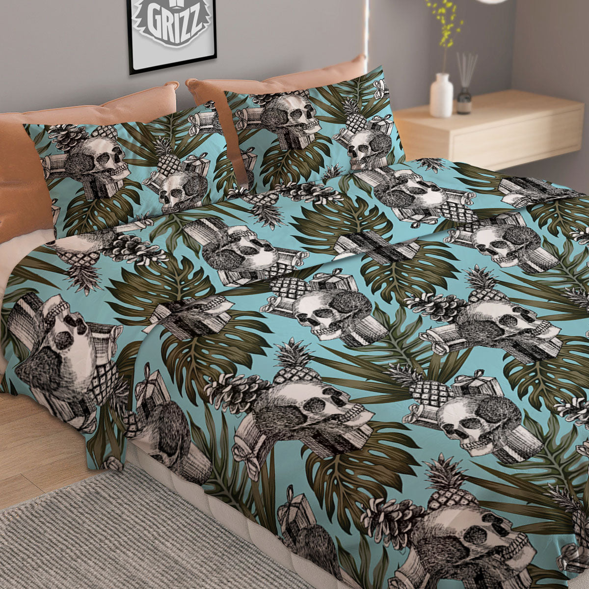 Skull Pineapple Tropical Print Pattern Duvet Cover Bedding Set