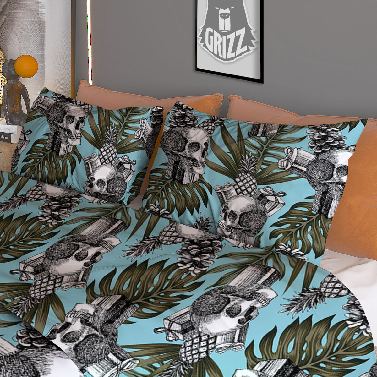 Skull Pineapple Tropical Print Pattern Duvet Cover Bedding Set