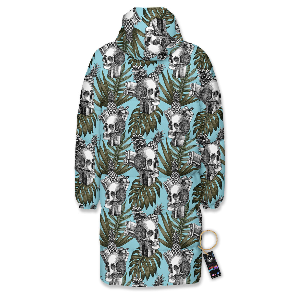 Skull Pineapple Tropical Print Pattern Long Down Jacket-grizzshop