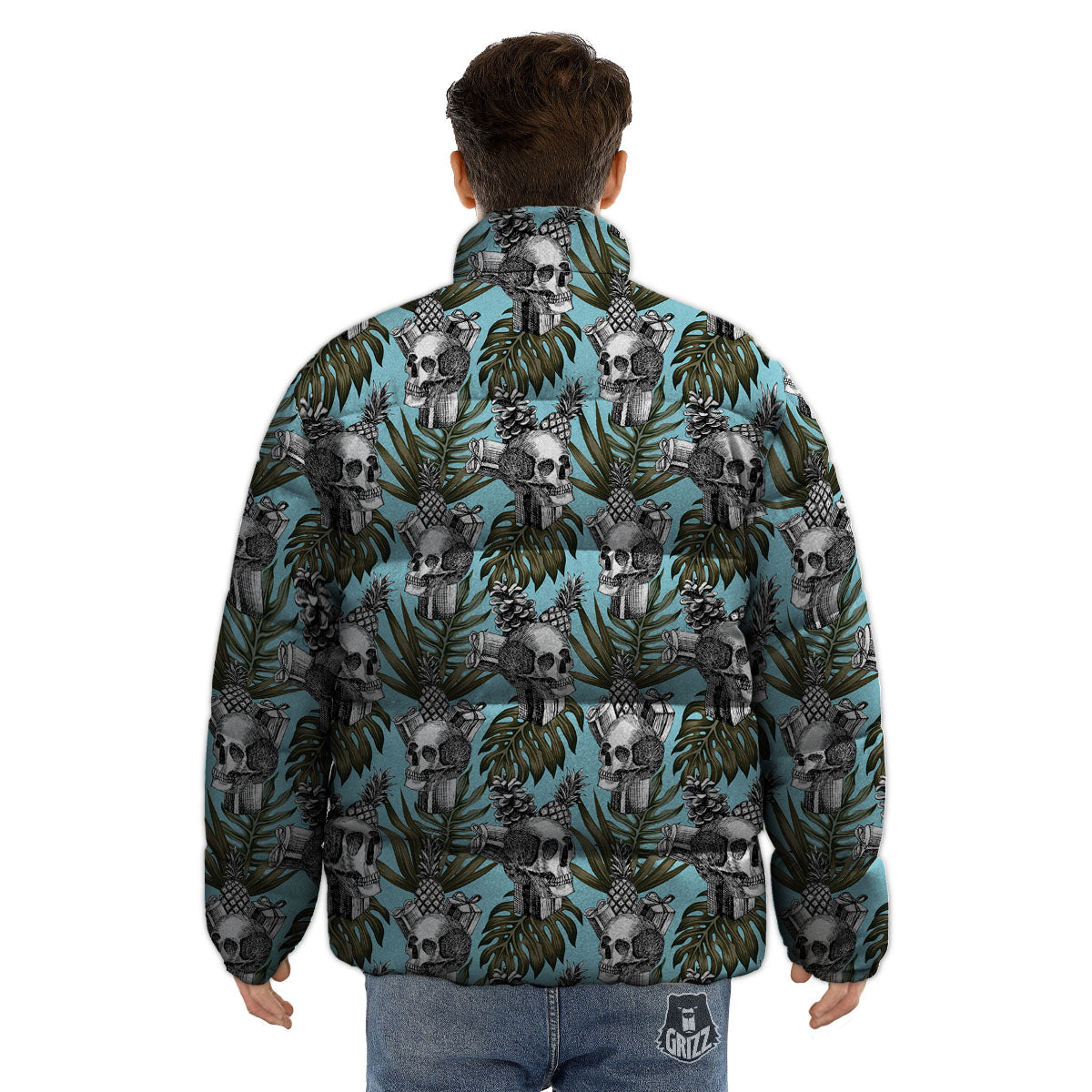 Skull Pineapple Tropical Print Pattern Puffer Jacket-grizzshop