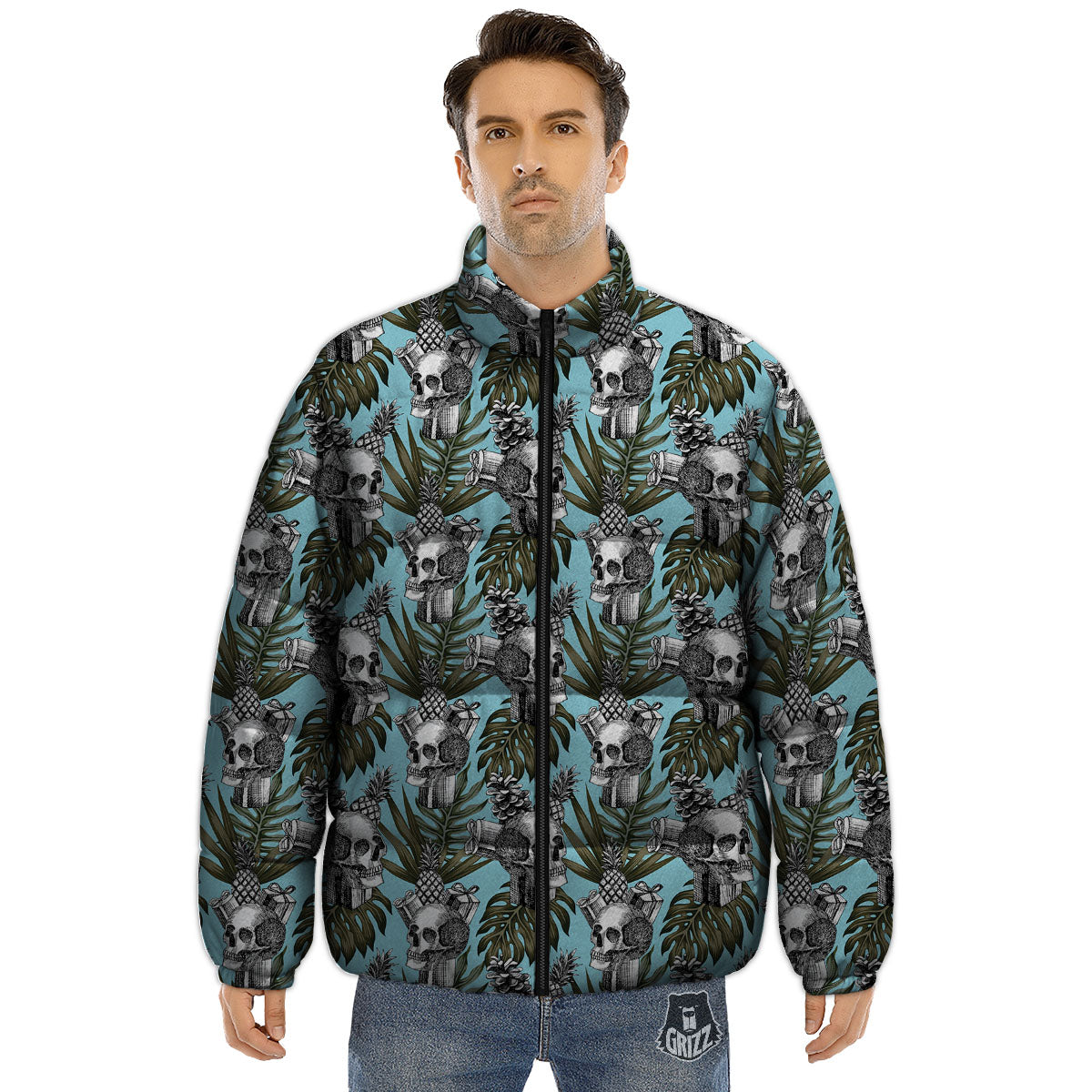 Skull Pineapple Tropical Print Pattern Puffer Jacket-grizzshop