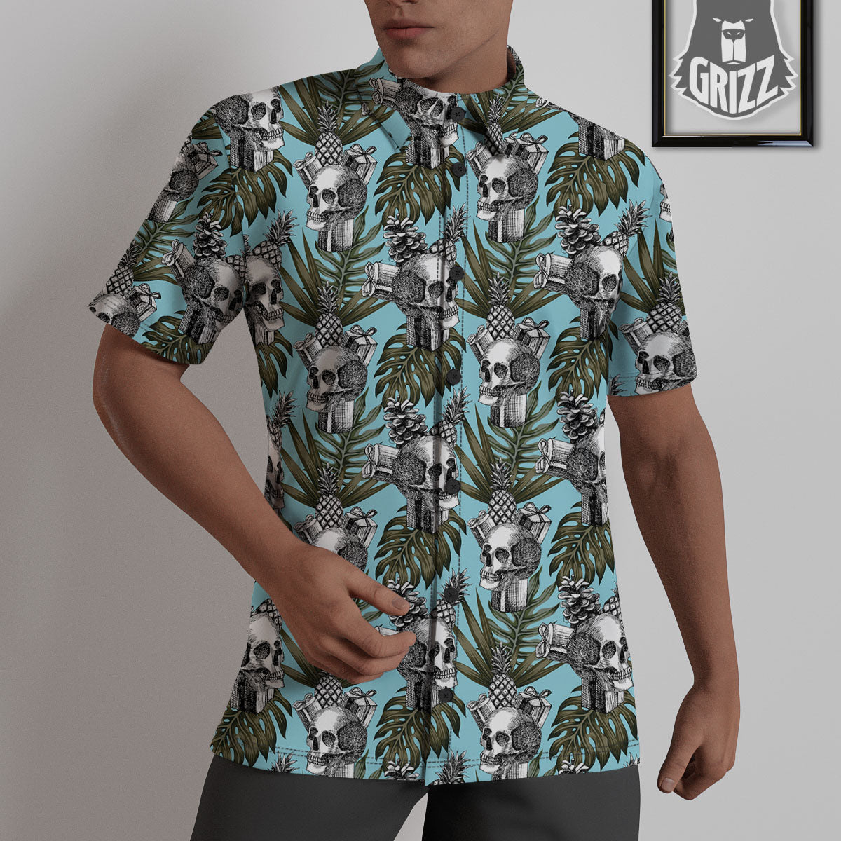 Skull Pineapple Tropical Print Pattern Untucked Shirts-grizzshop