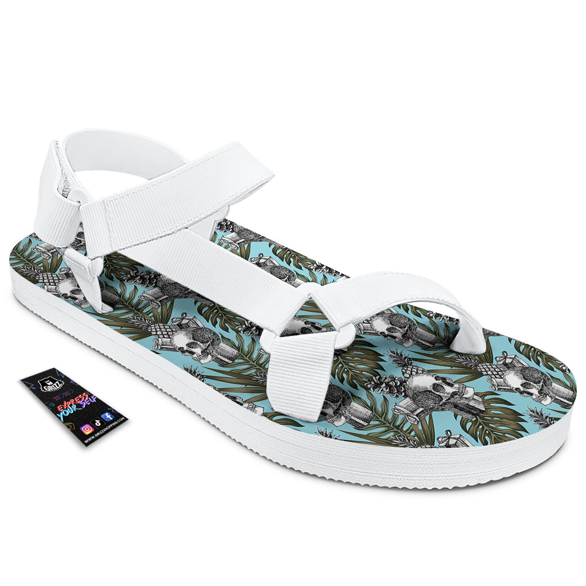 Skull Pineapple Tropical Print Pattern White Open Toe Sandals-grizzshop
