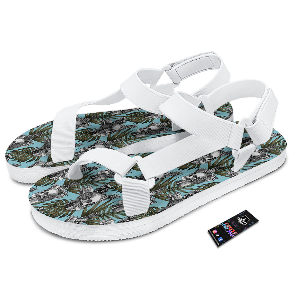 Skull Pineapple Tropical Print Pattern White Open Toe Sandals-grizzshop