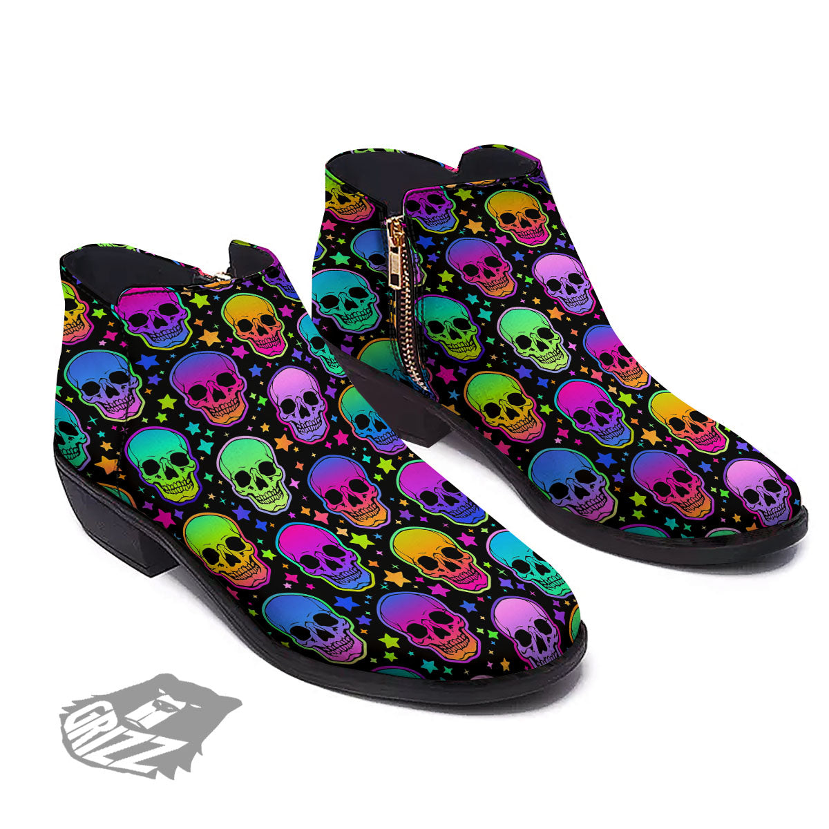 Skull Psychedelic Print Pattern Ankle Boots-grizzshop