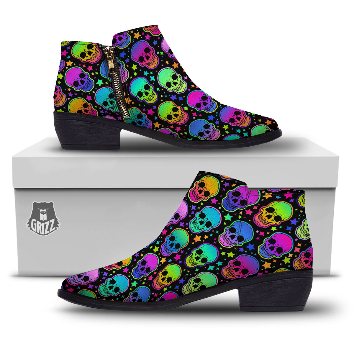 Skull Psychedelic Print Pattern Ankle Boots-grizzshop