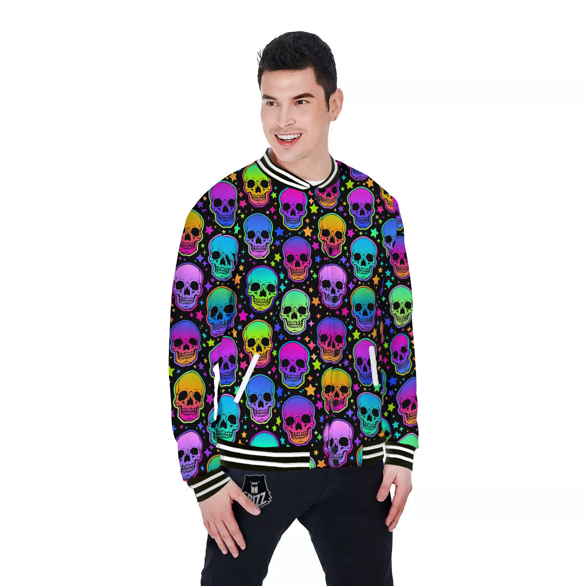 Skull Psychedelic Print Pattern Baseball Jacket-grizzshop