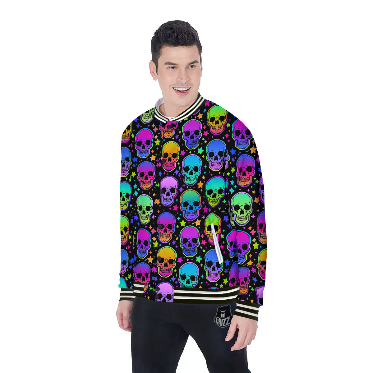 Skull Psychedelic Print Pattern Baseball Jacket-grizzshop