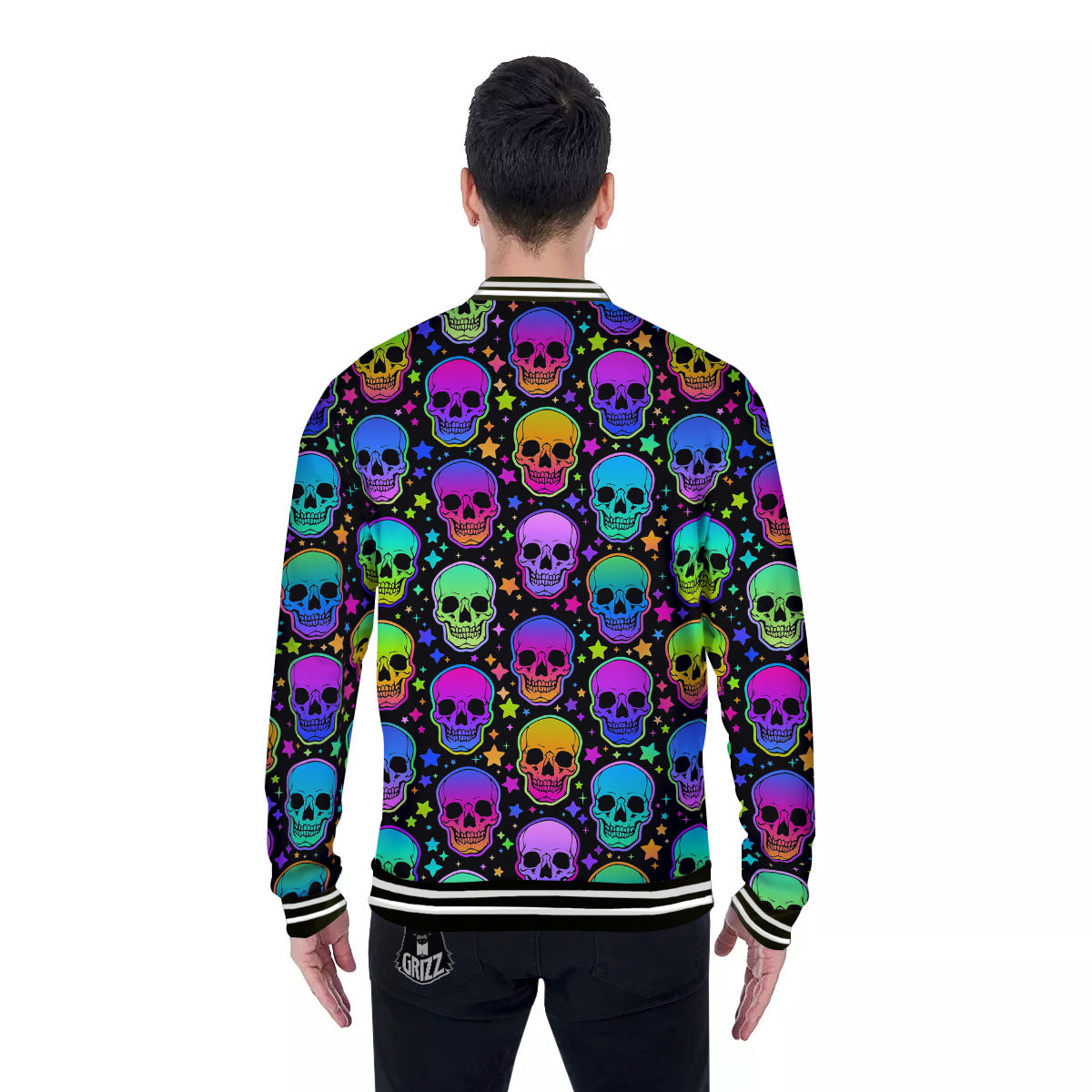 Skull Psychedelic Print Pattern Baseball Jacket-grizzshop