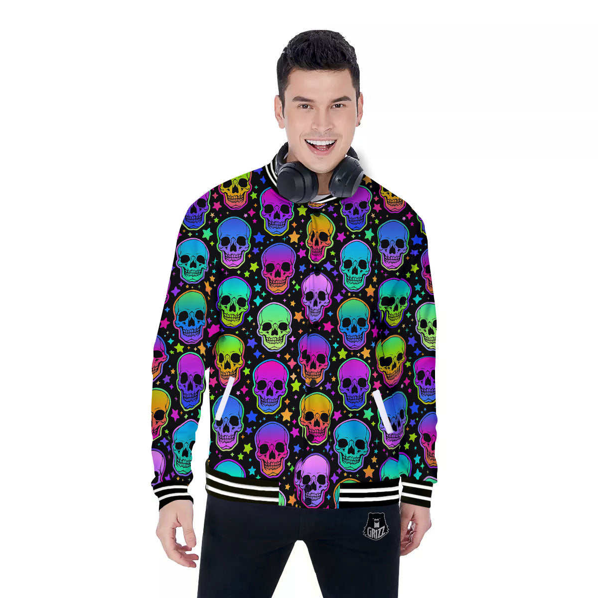 Skull Psychedelic Print Pattern Baseball Jacket-grizzshop