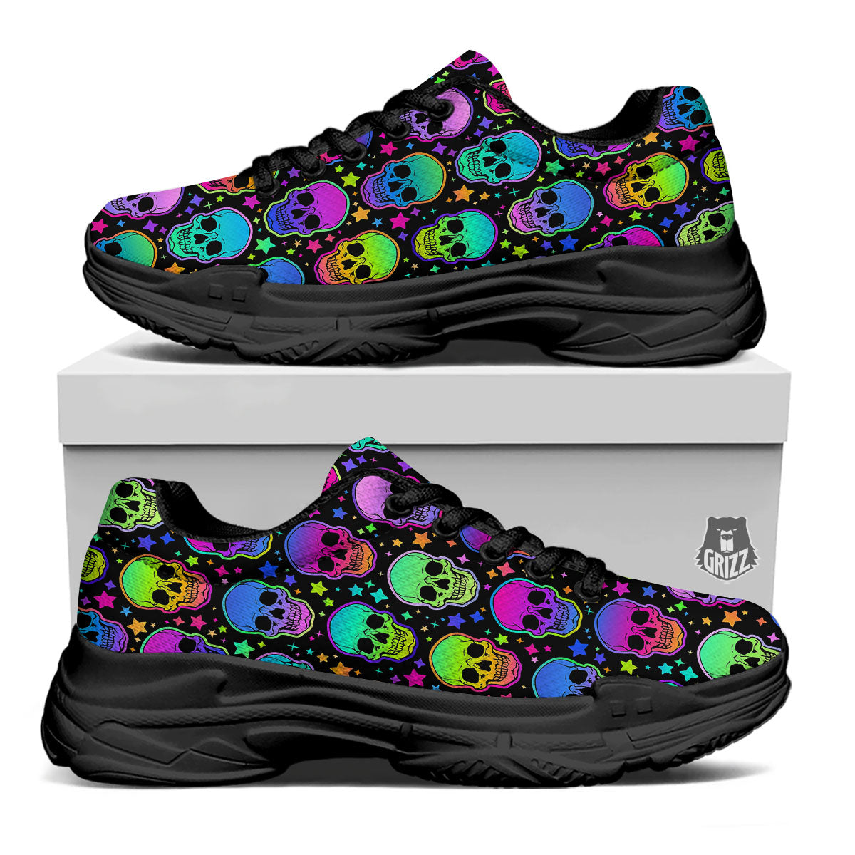 Skull Psychedelic Print Pattern Black Chunky Shoes-grizzshop