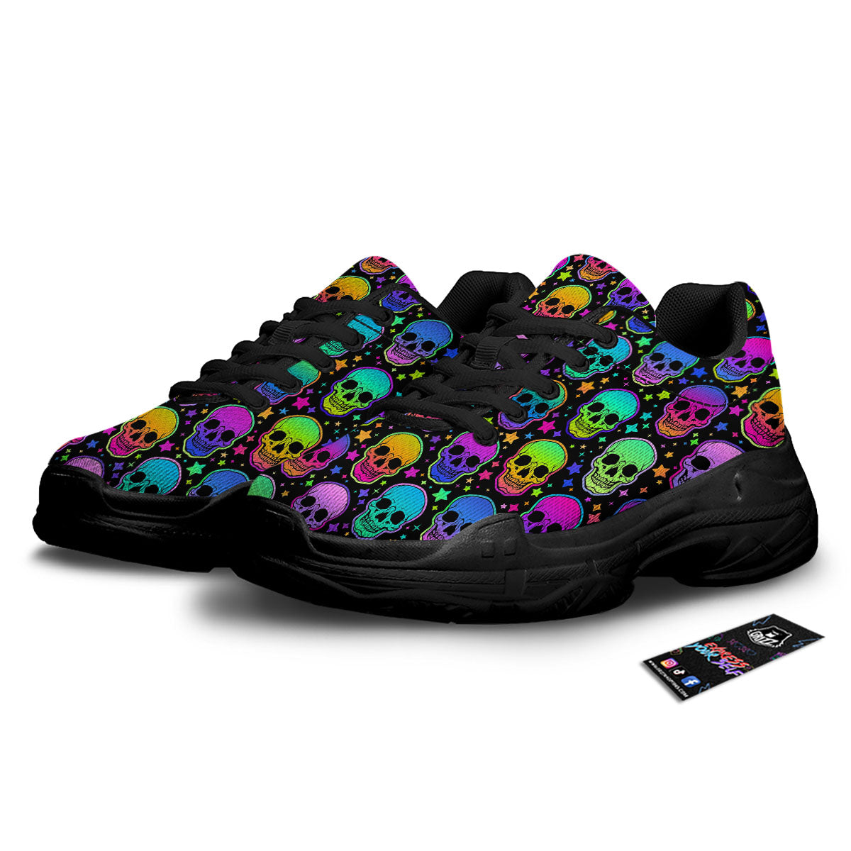 Skull Psychedelic Print Pattern Black Chunky Shoes-grizzshop
