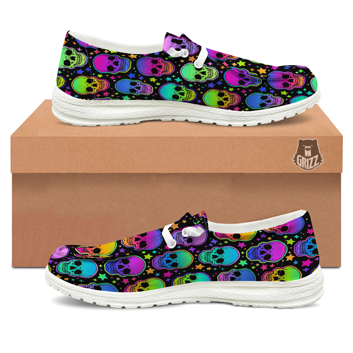 Skull Psychedelic Print Pattern Black Loafers-grizzshop