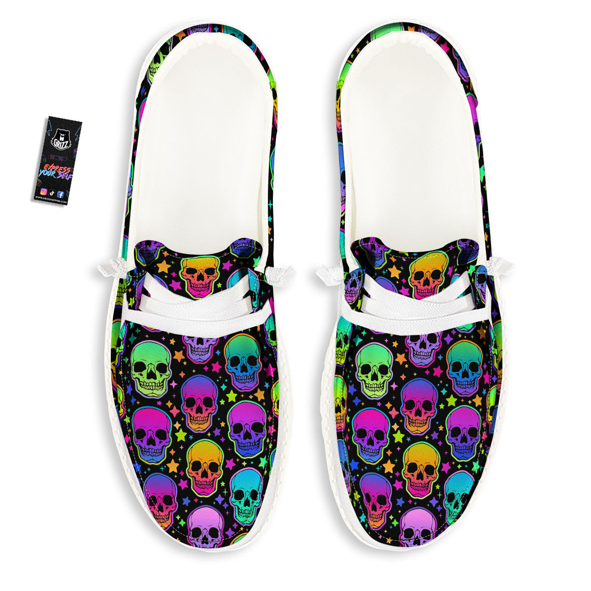 Skull Psychedelic Print Pattern Black Loafers-grizzshop