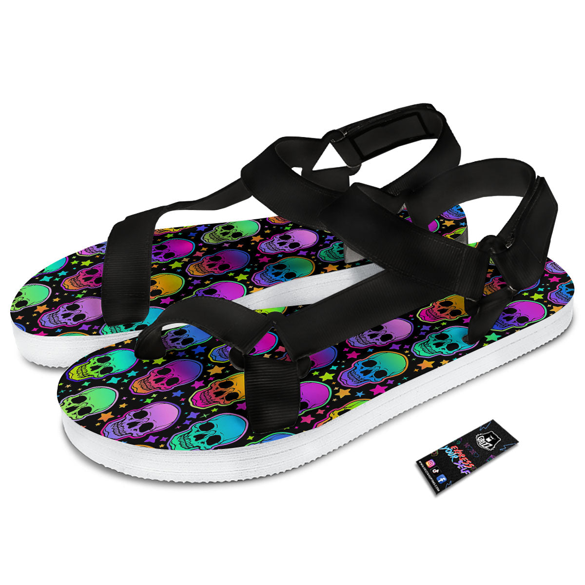Skull Psychedelic Print Pattern Black Open Toe Sandals-grizzshop