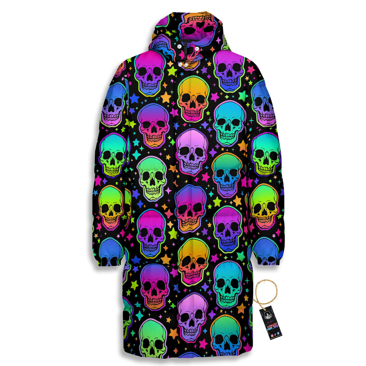 Skull Psychedelic Print Pattern Long Down Jacket-grizzshop