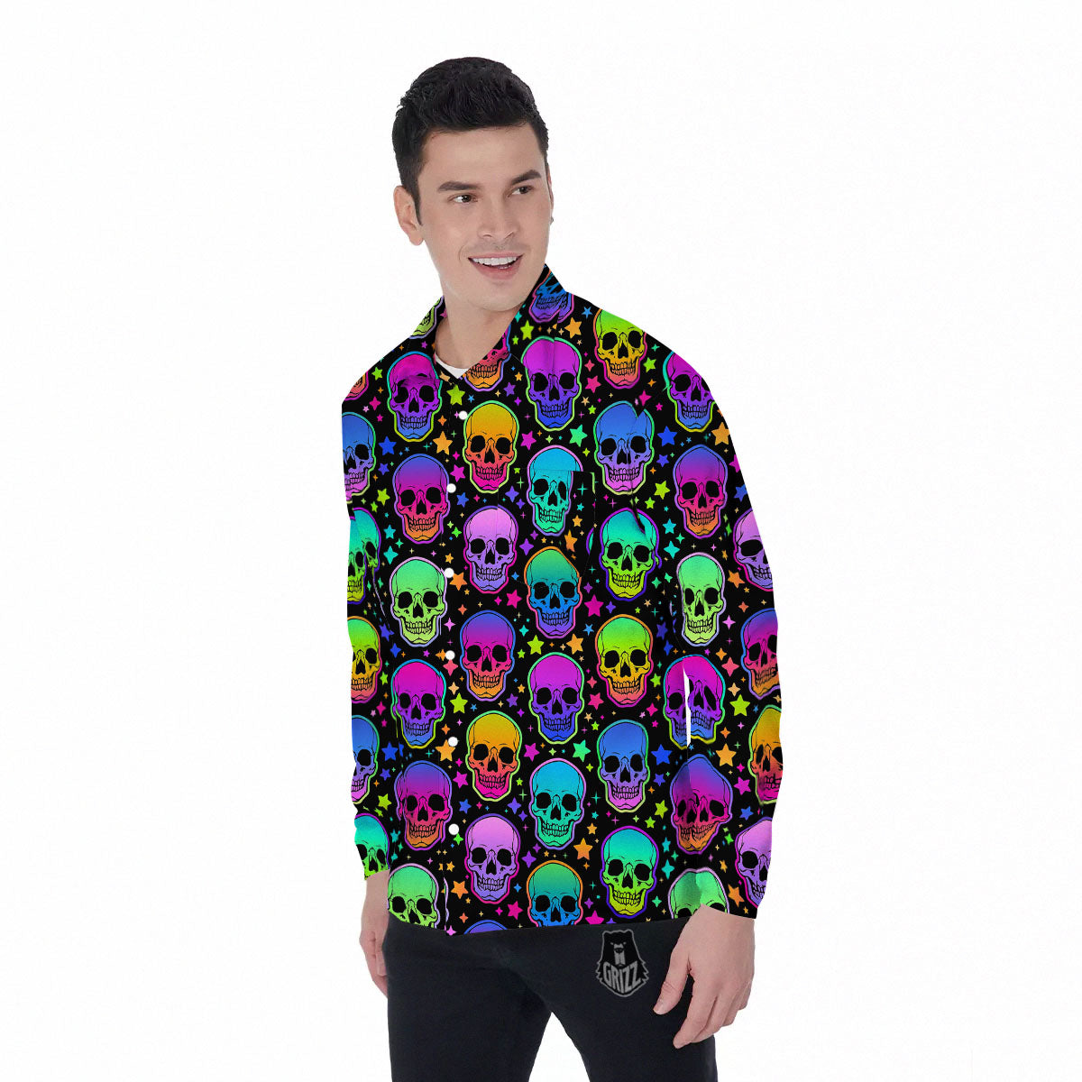 Skull Psychedelic Print Pattern Men's Long Sleeve Shirts-grizzshop