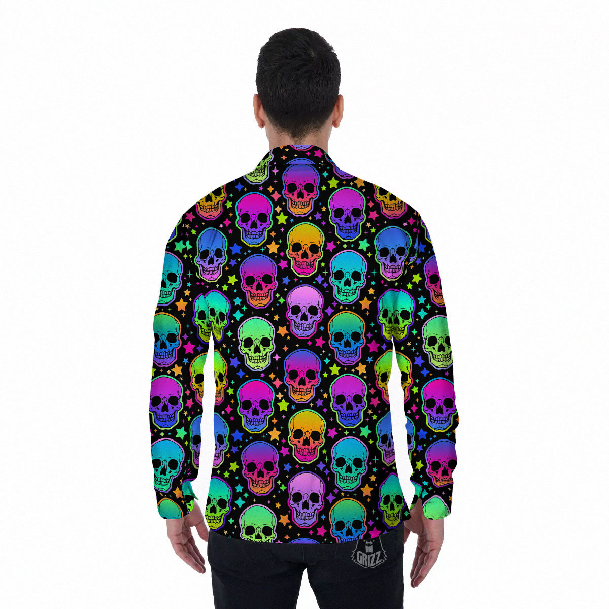 Skull Psychedelic Print Pattern Men's Long Sleeve Shirts-grizzshop