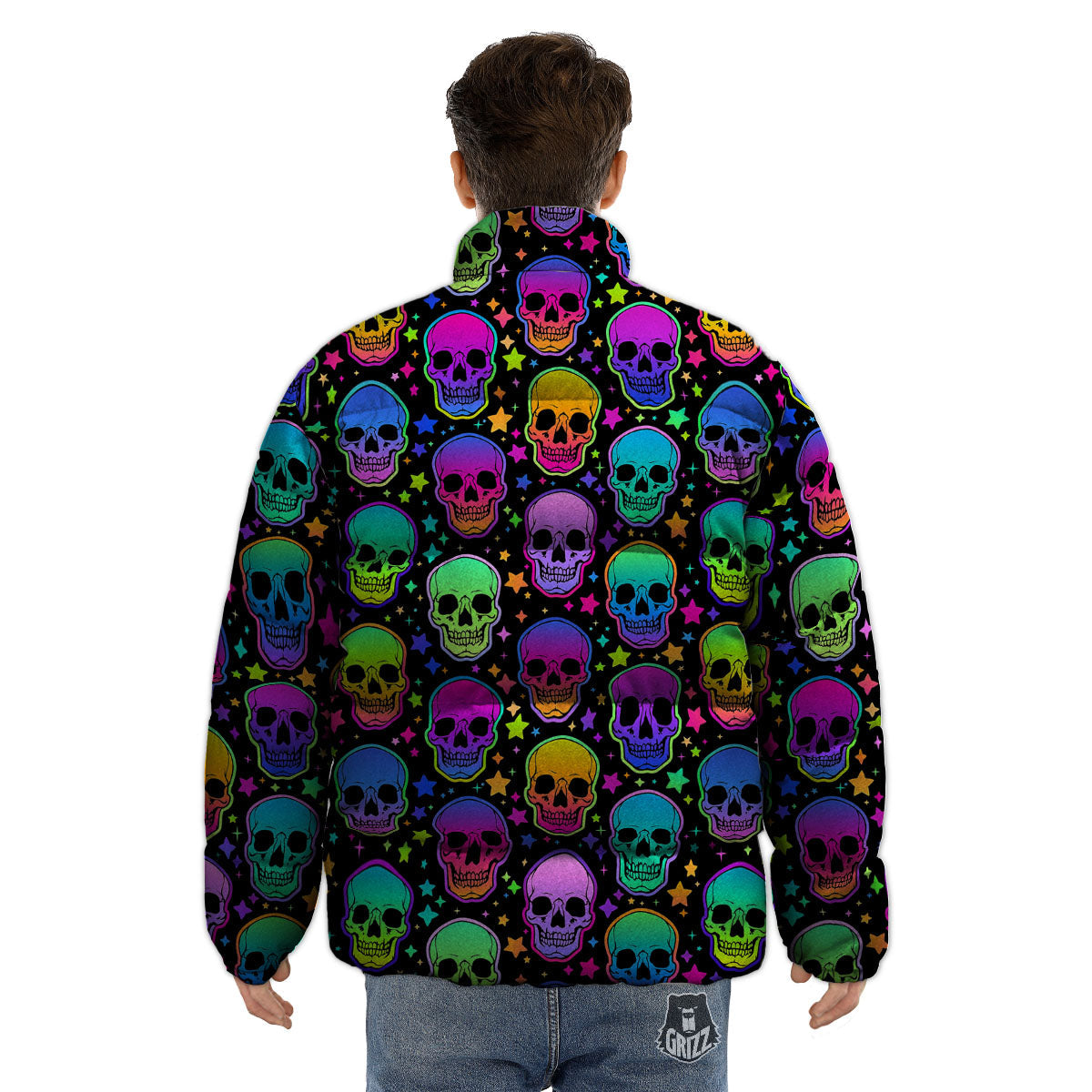 Skull Psychedelic Print Pattern Puffer Jacket-grizzshop