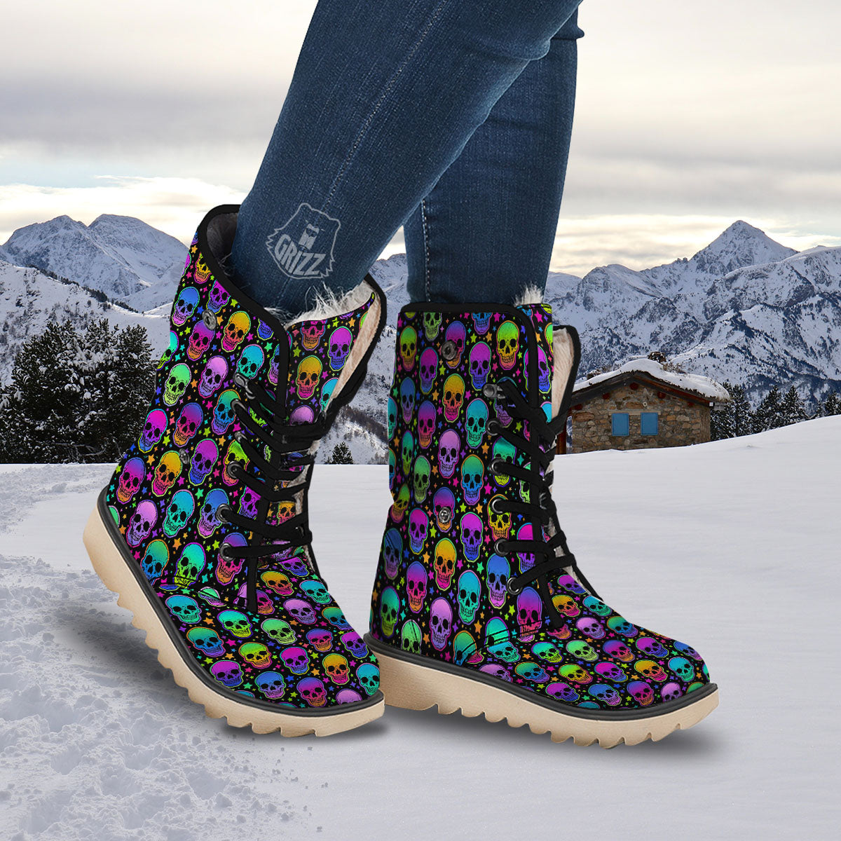 Skull Psychedelic Print Pattern Snow Boots-grizzshop