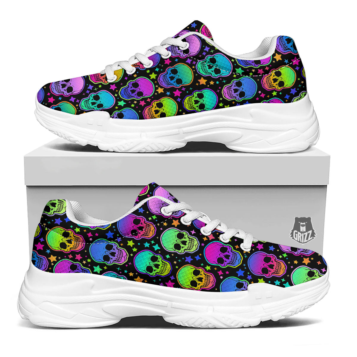 Skull Psychedelic Print Pattern White Chunky Shoes-grizzshop