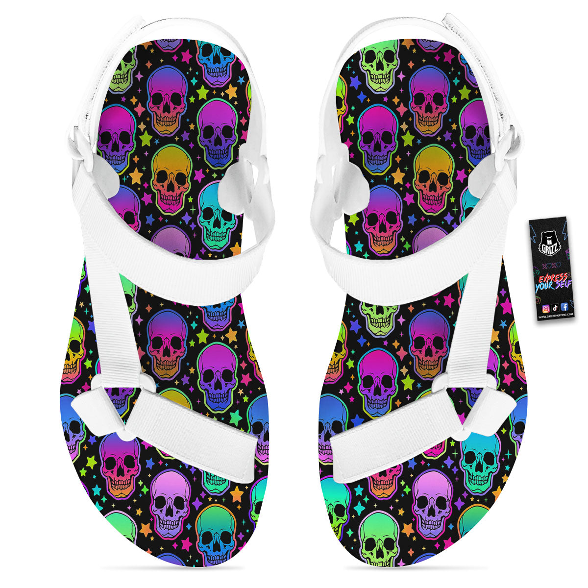 Skull Psychedelic Print Pattern White Open Toe Sandals-grizzshop