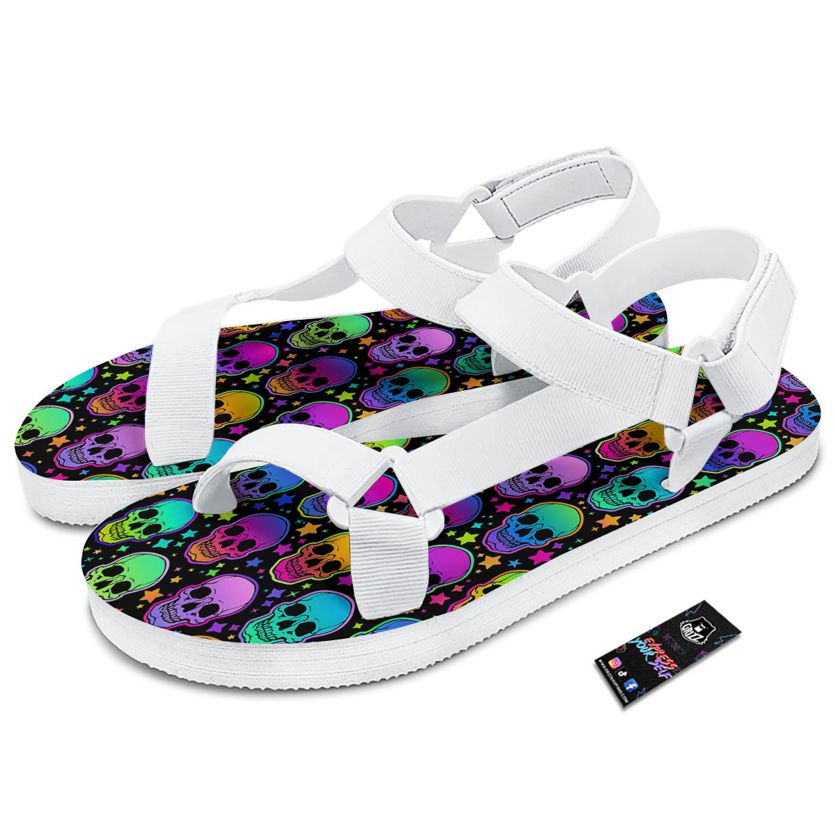 Skull Psychedelic Print Pattern White Open Toe Sandals-grizzshop