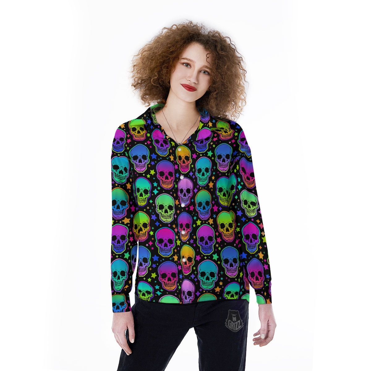 Skull Psychedelic Print Pattern Women's Long Sleeve Shirts-grizzshop