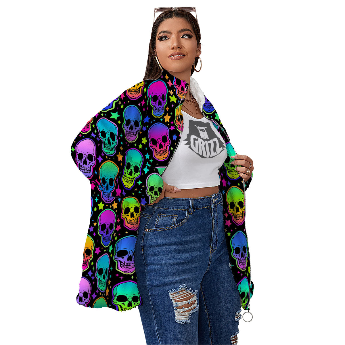 Skull Psychedelic Print Pattern Women's Sherpa Jacket-grizzshop