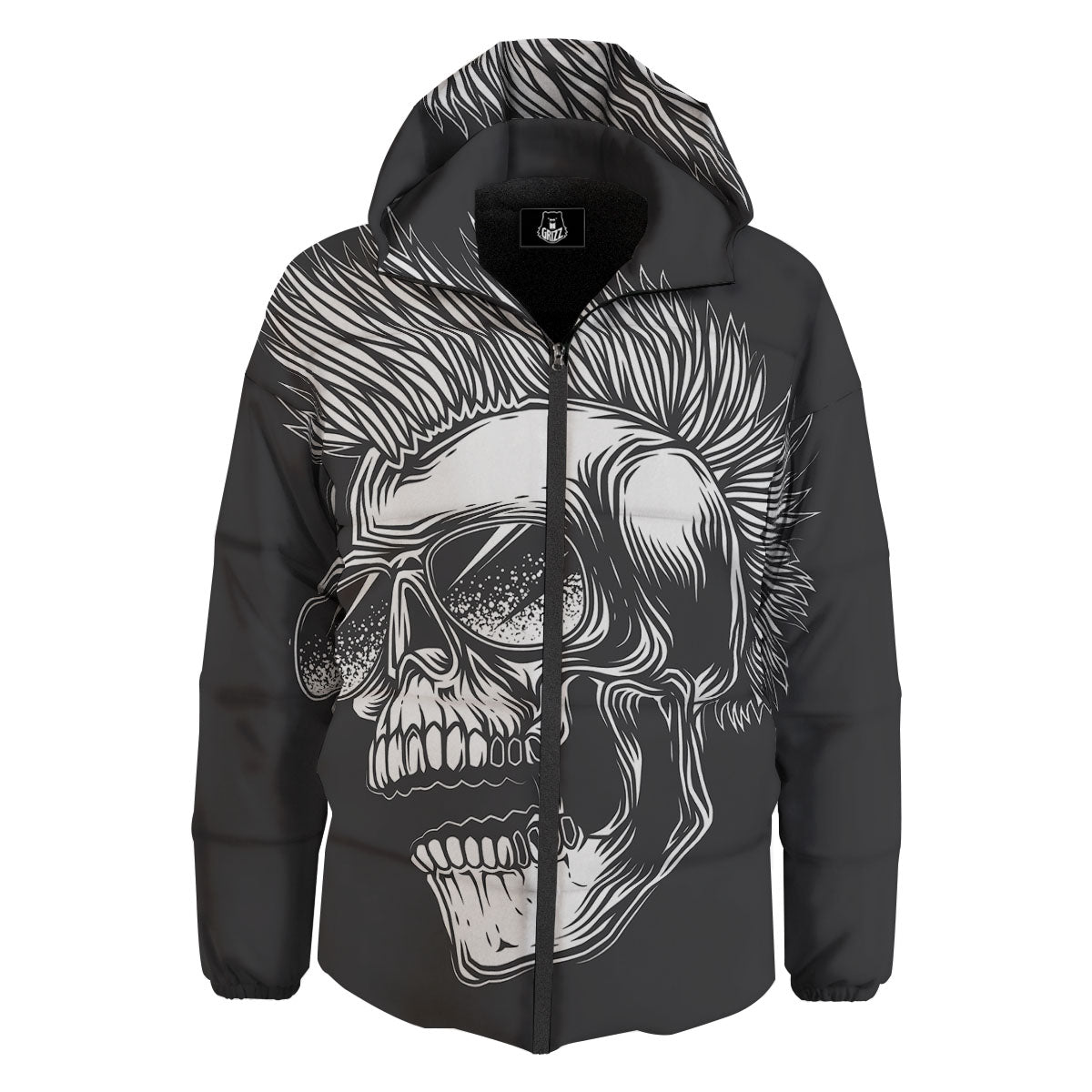 Skull Punk Monochrome Print Down Jacket-grizzshop