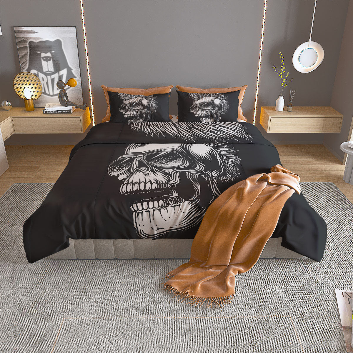 Skull Punk Monochrome Print Duvet Cover Bedding Set