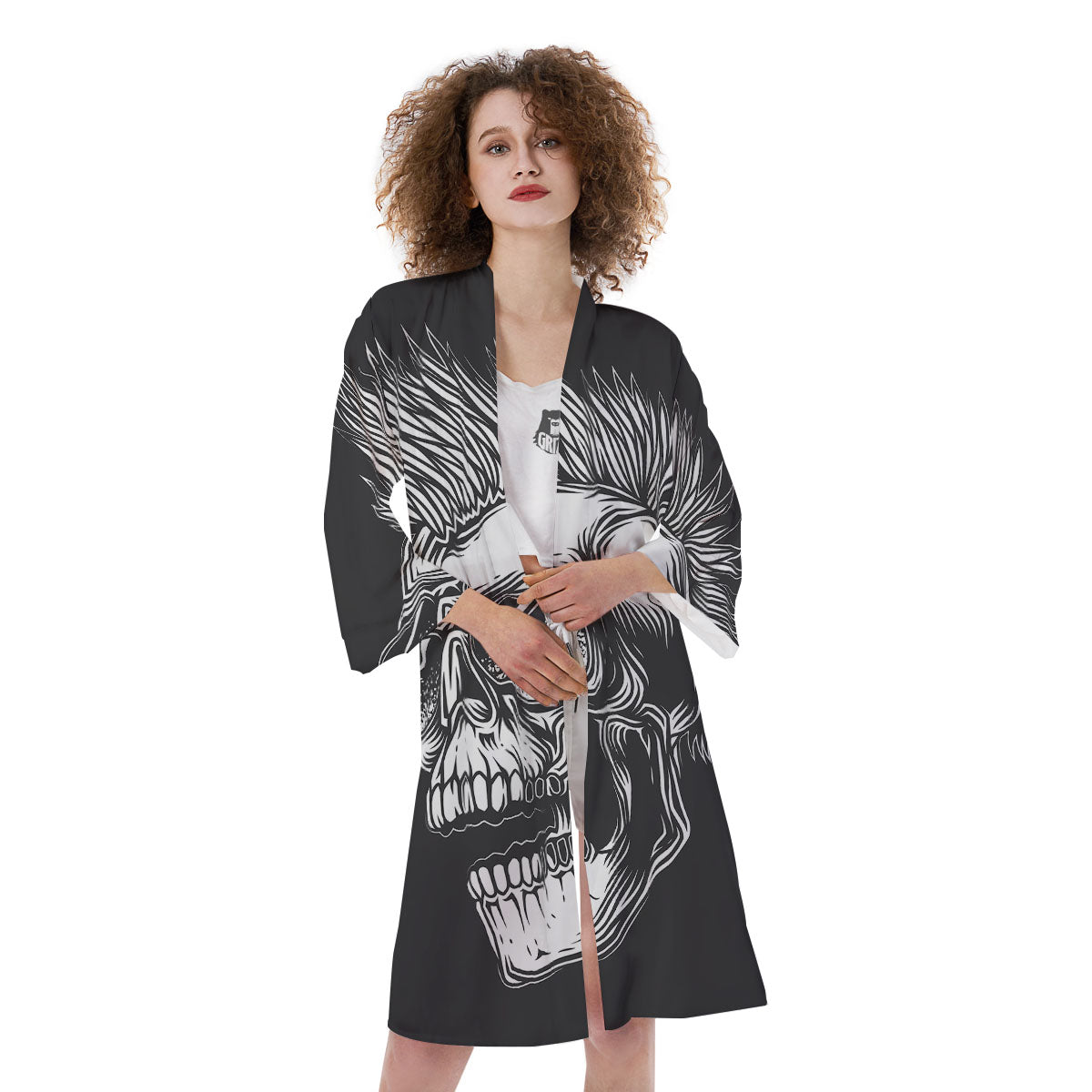 Skull Punk Monochrome Print Kimono-grizzshop
