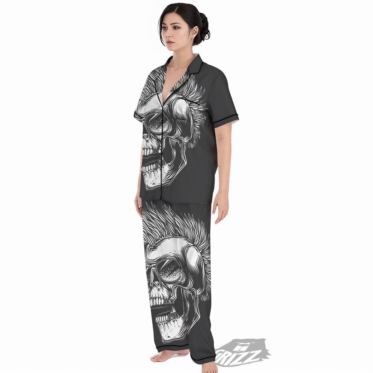 Skull Punk Monochrome Print Women's Pajamas Set-grizzshop