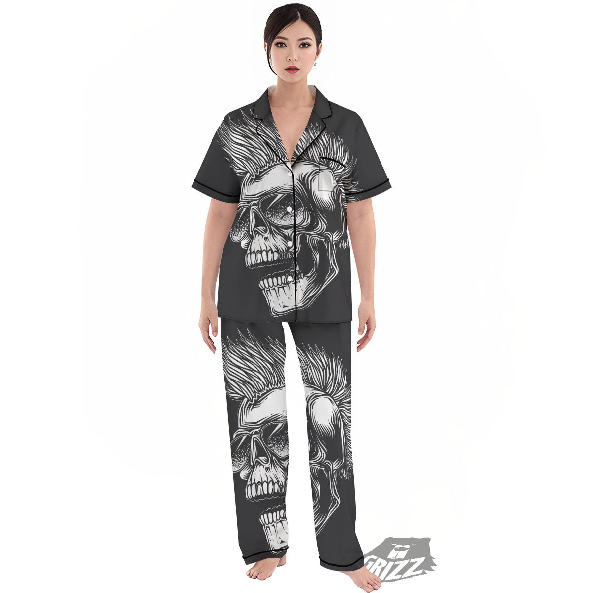 Skull Punk Monochrome Print Women's Pajamas Set-grizzshop